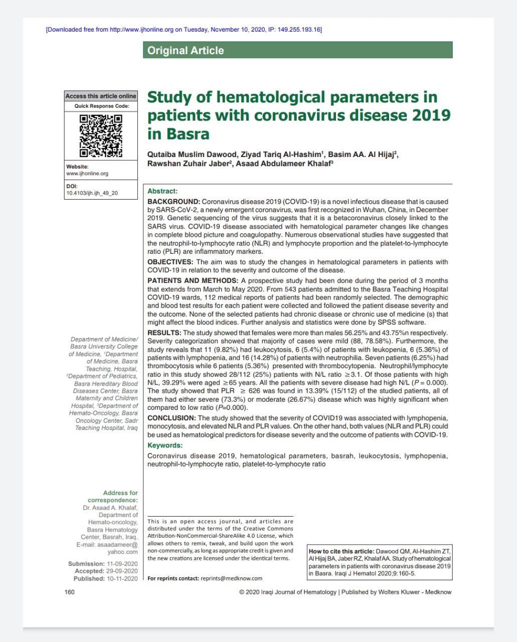 COVID-19 Heamatologic Parameters